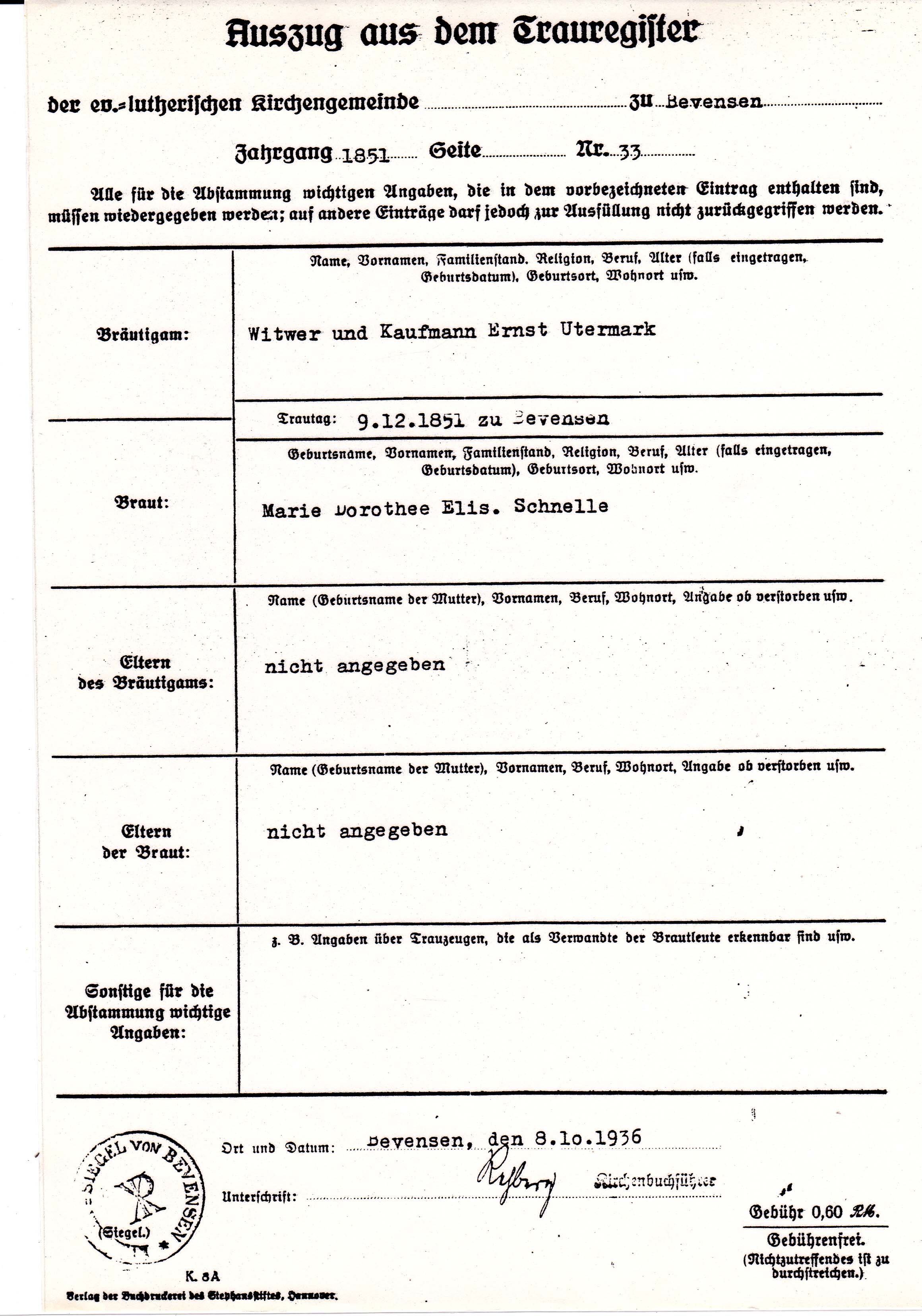 Marie Schnelle & Ernst Utermark Marriage Certificate