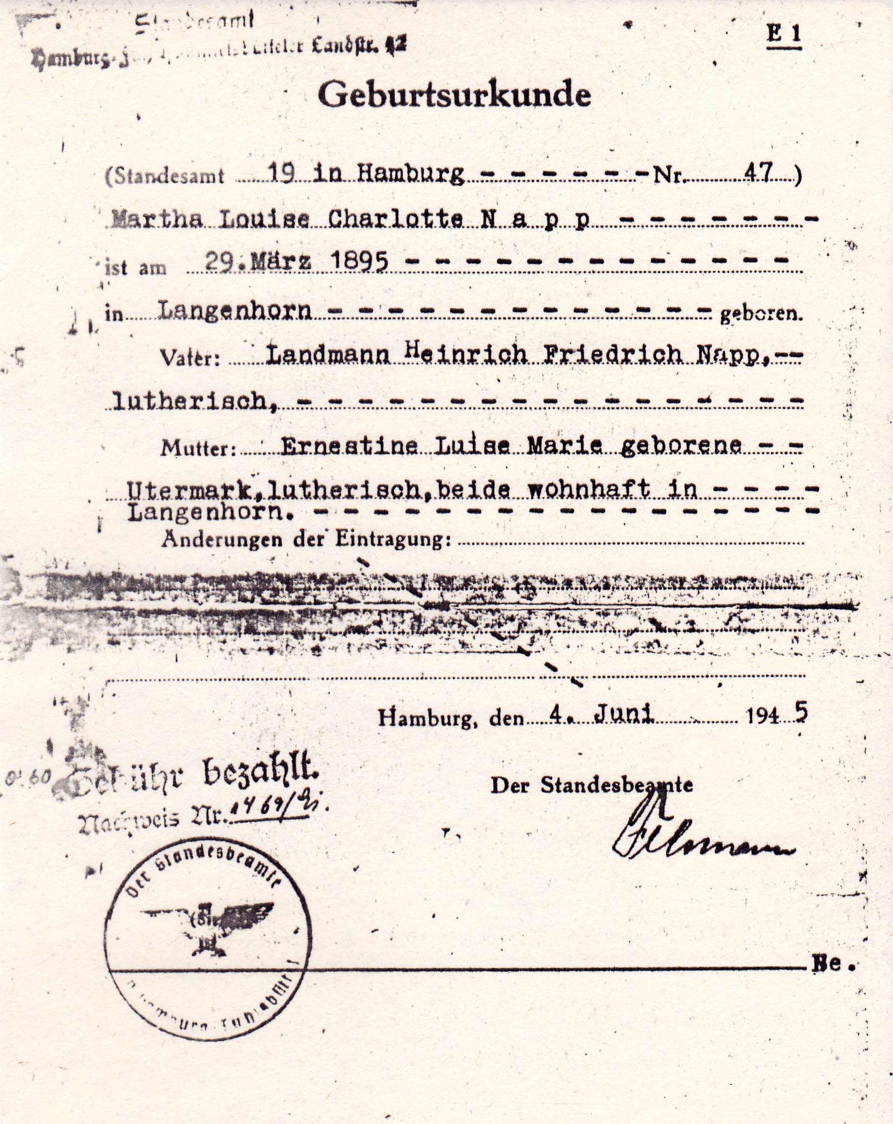 Martha Napp Birth Certificate