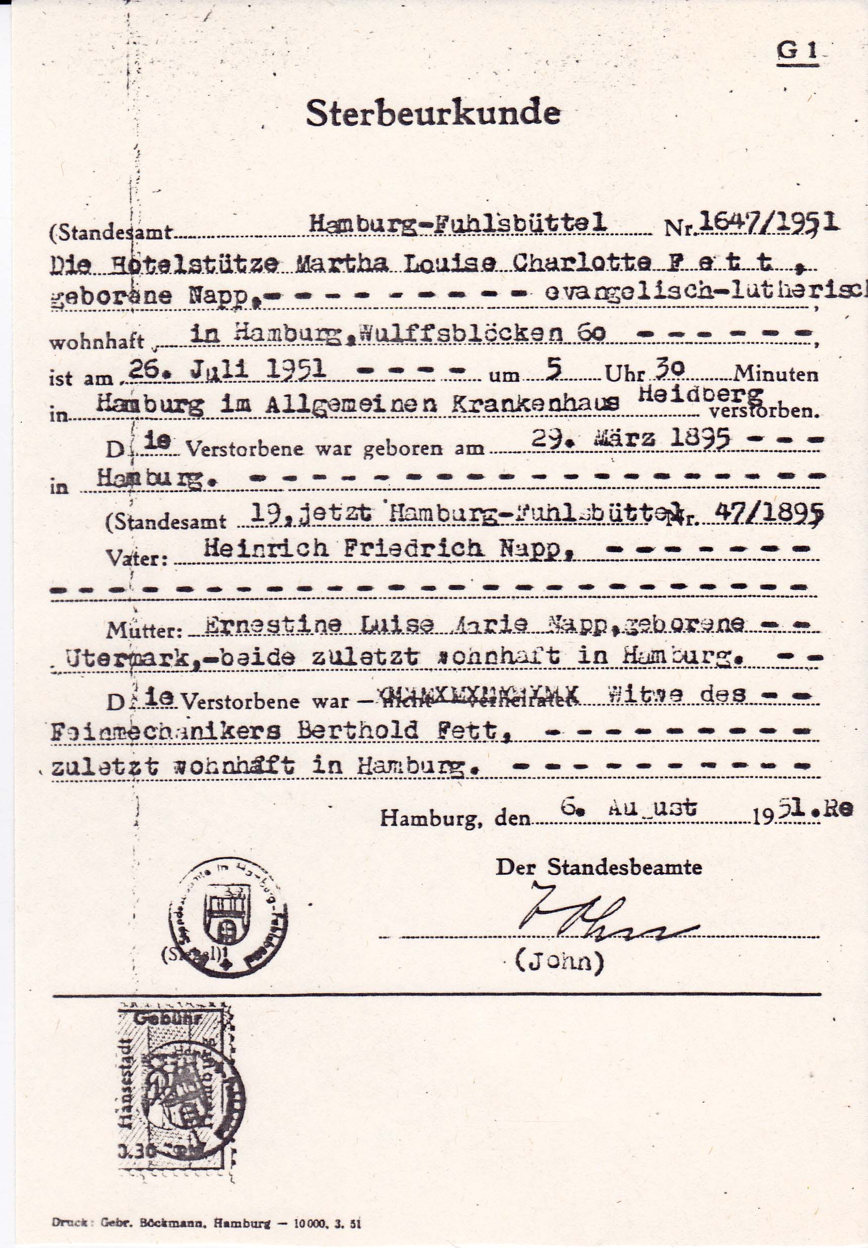 Martha Napp Death certificate