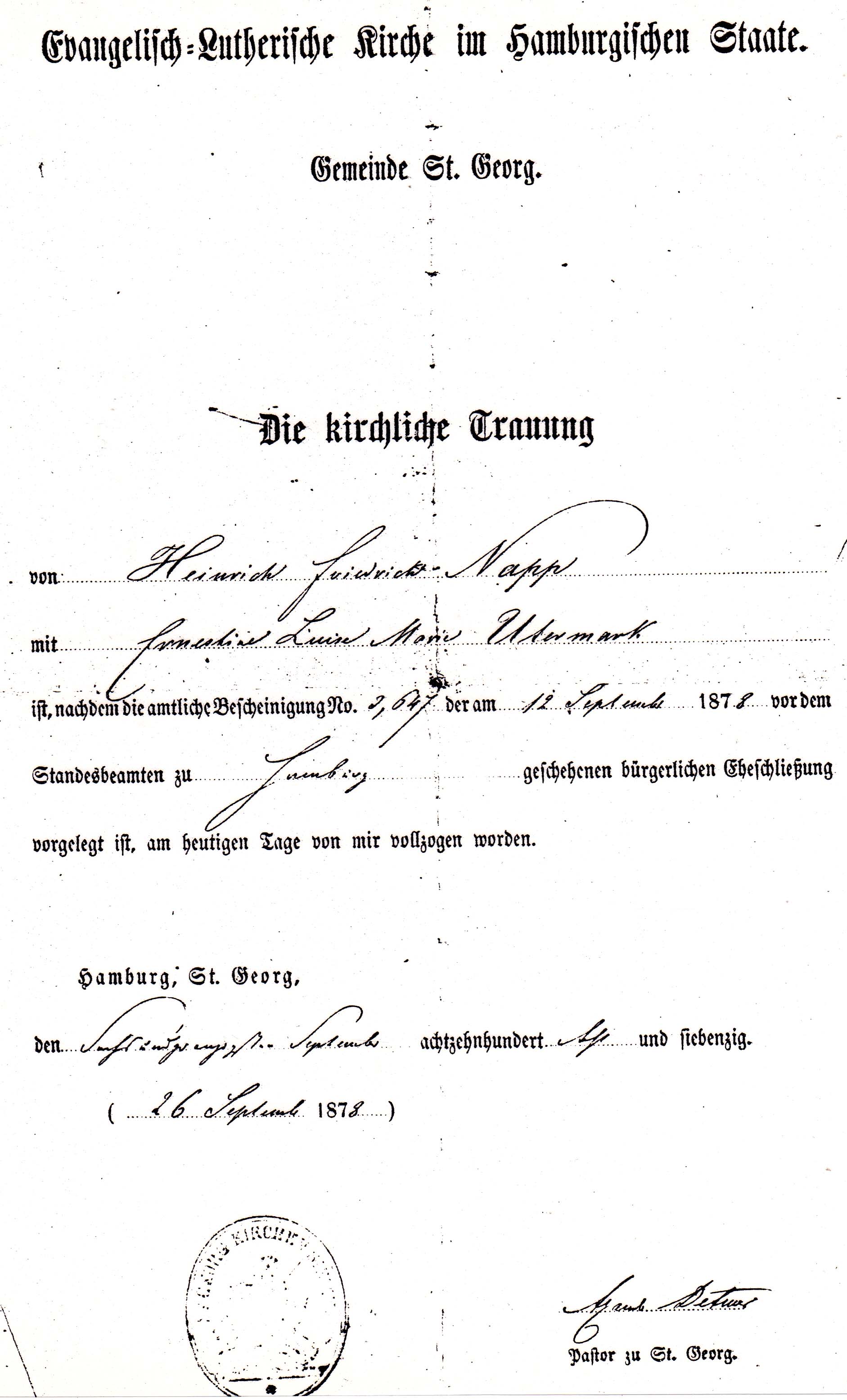 Ernestine & Heinrich Marriage  Certificate
