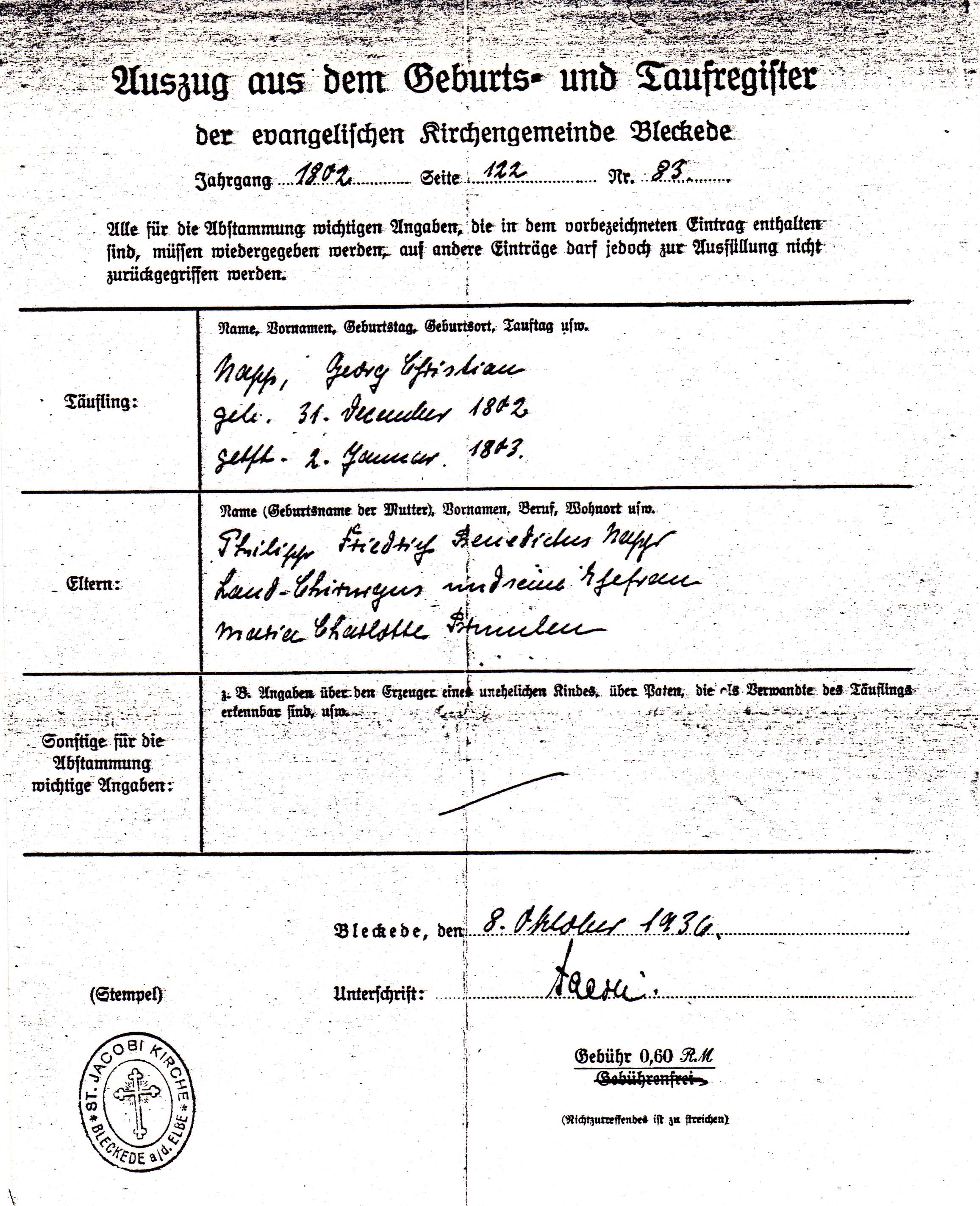Georg Napp Baptismal Certificate