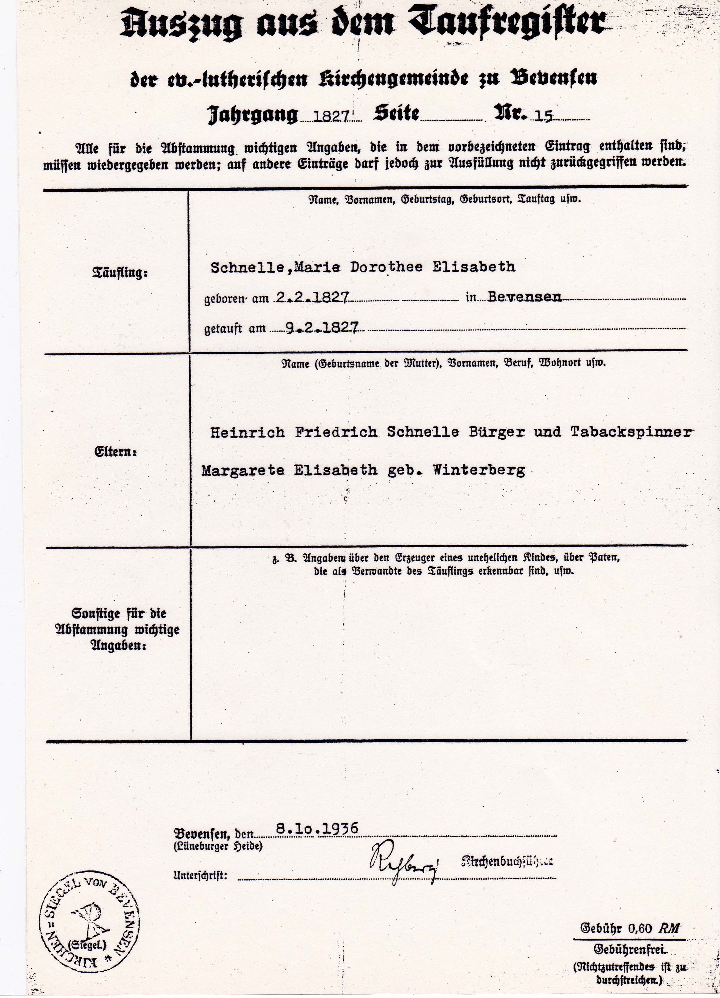 Marie Schnelle Baptismal Certificate