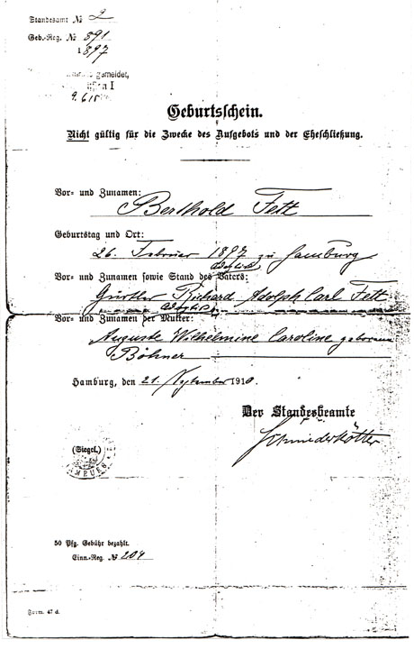 original of Berthold Fett Birth Certificate