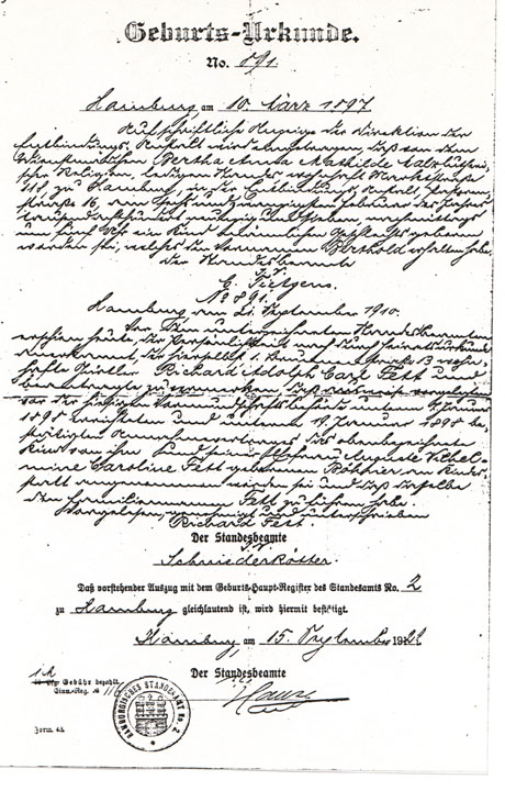original of Berthold Fett Birth Certificate