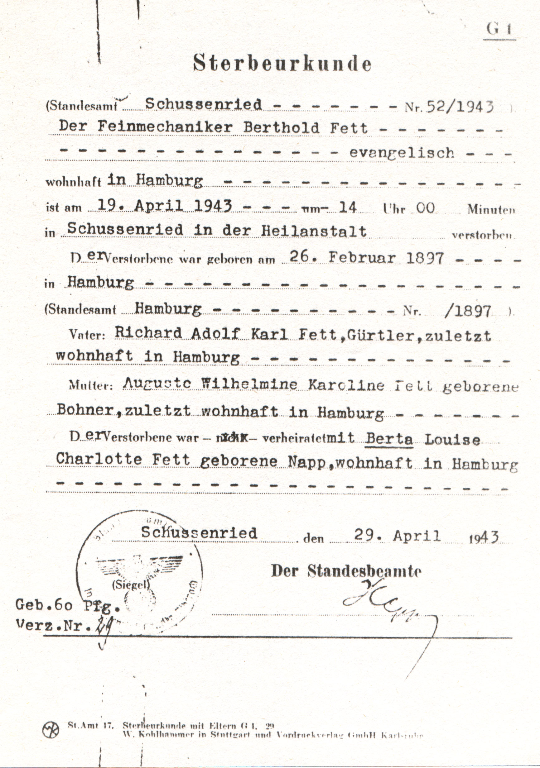 extract of Berthold Fett Death Certificate